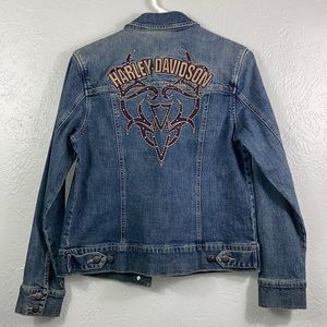 ‘07 Harley Davidson Embroidered Denim Jean Jacket Womens Large Studded CL